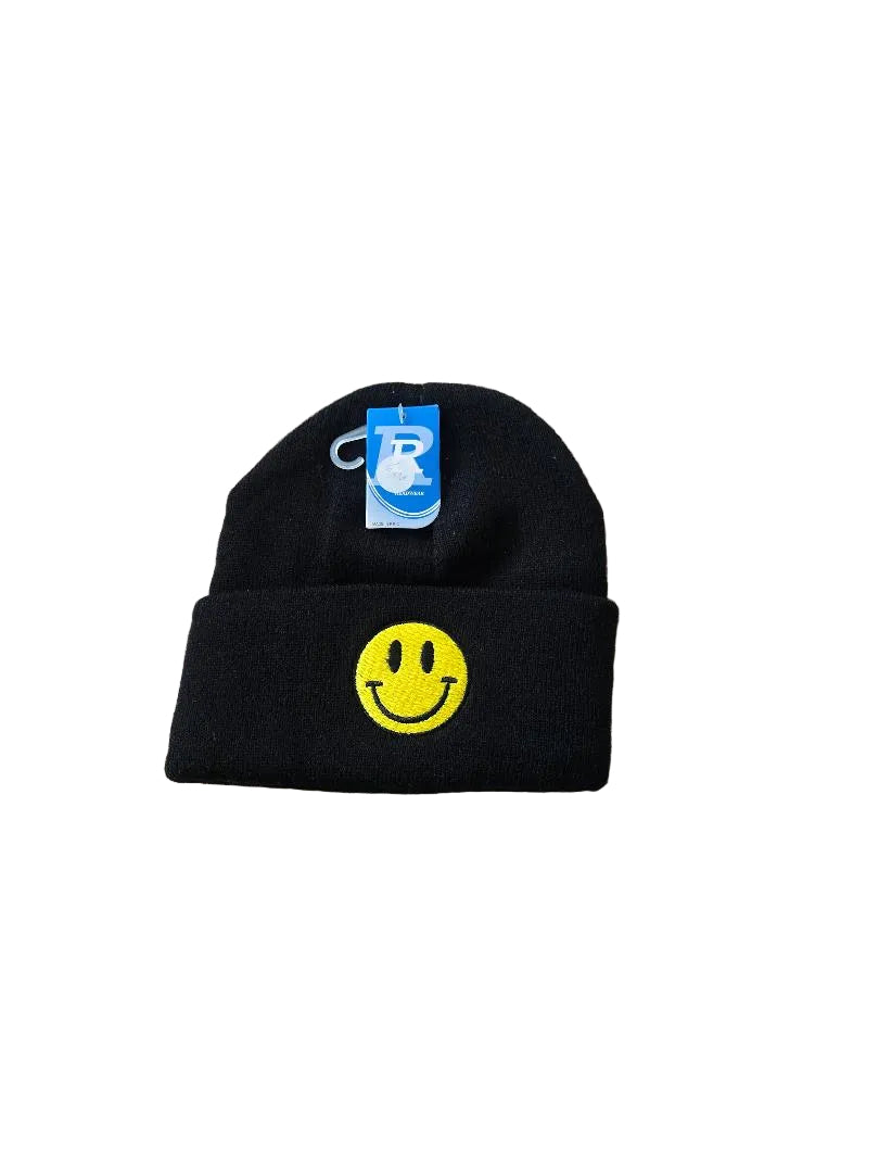 Emoticon Smiley Black Cuffed Knit Hat