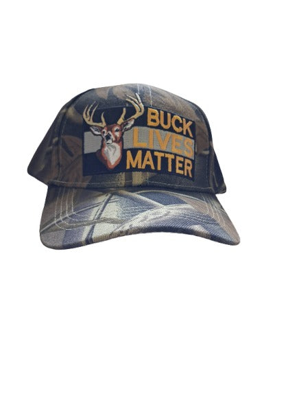Camouflage-patterned cap with a deer design and 'Buck Lives Matter' text.