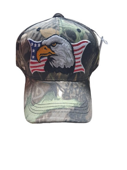 Camouflage cap with an eagle and American flag design