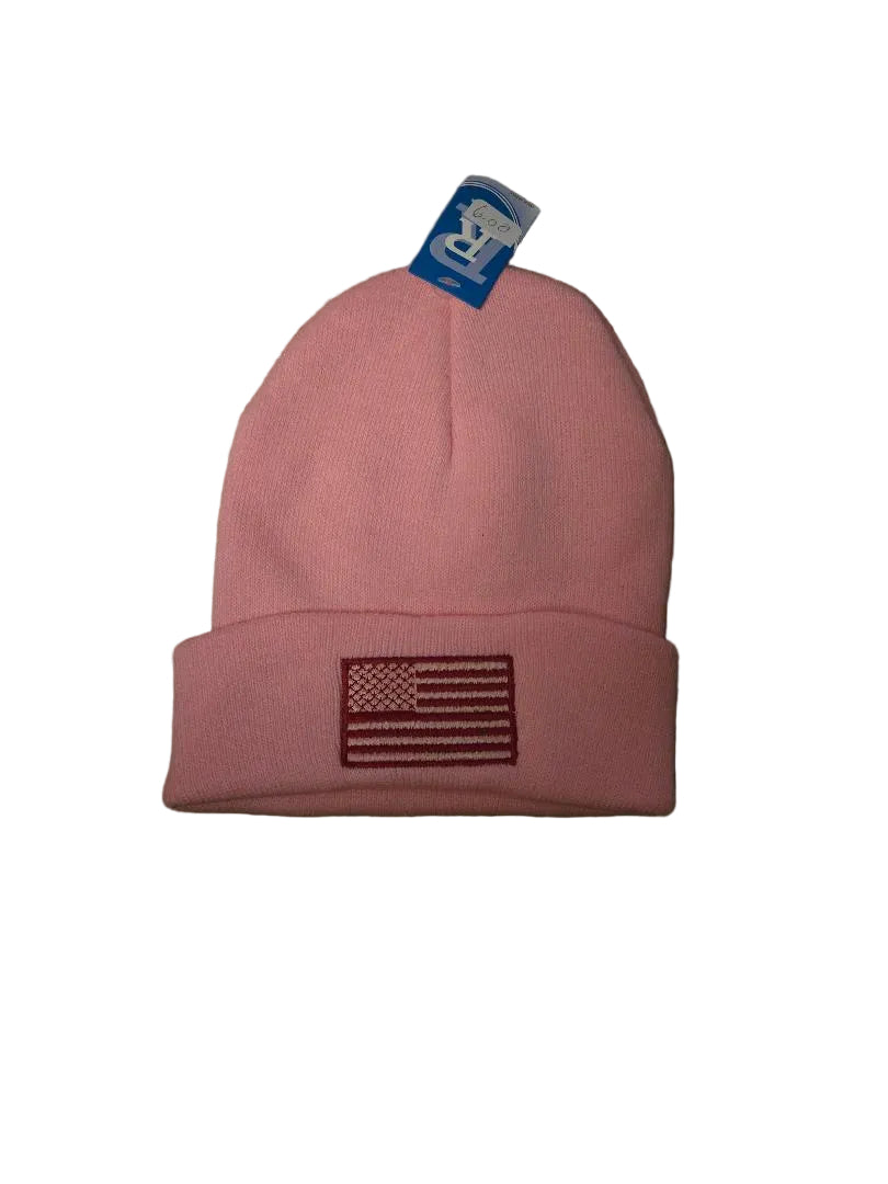 Pink beanie with American flag patch and blue tag on a white background