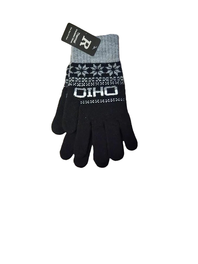 Pair of black gloves with a gray patterned cuff on a white background