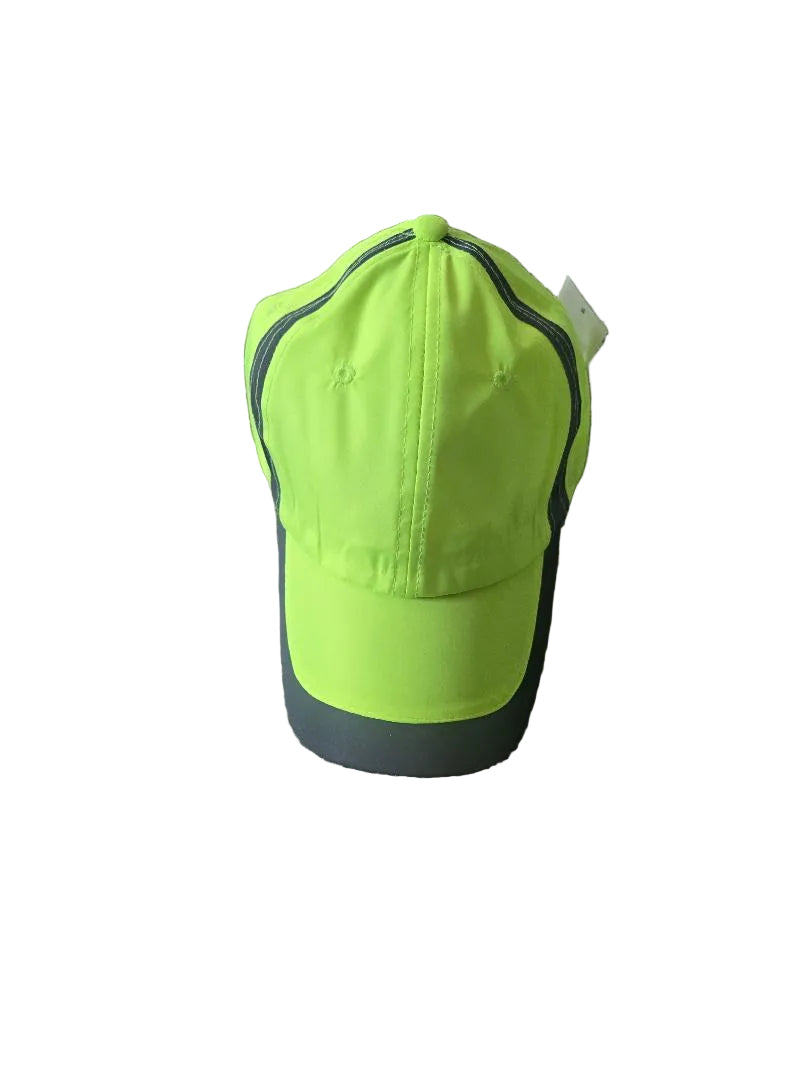 Bright green cap with black brim on a gray carpet