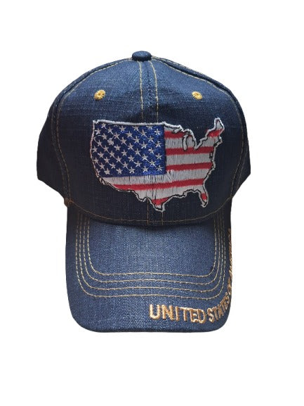 Denim cap with American flag design and 'United States' text on a white background