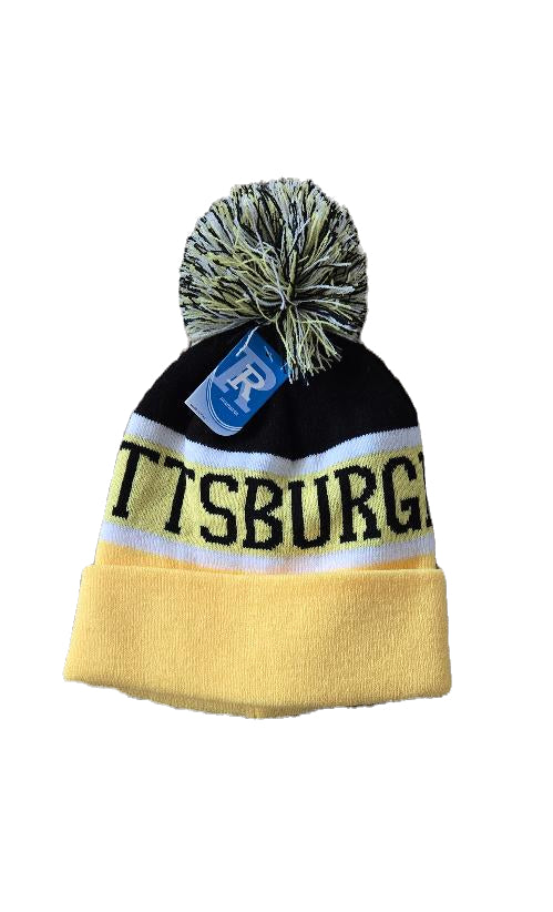 Pittsburgh Cuffed Knit Hat With Pom Pom Wide Gold Stripe image 0