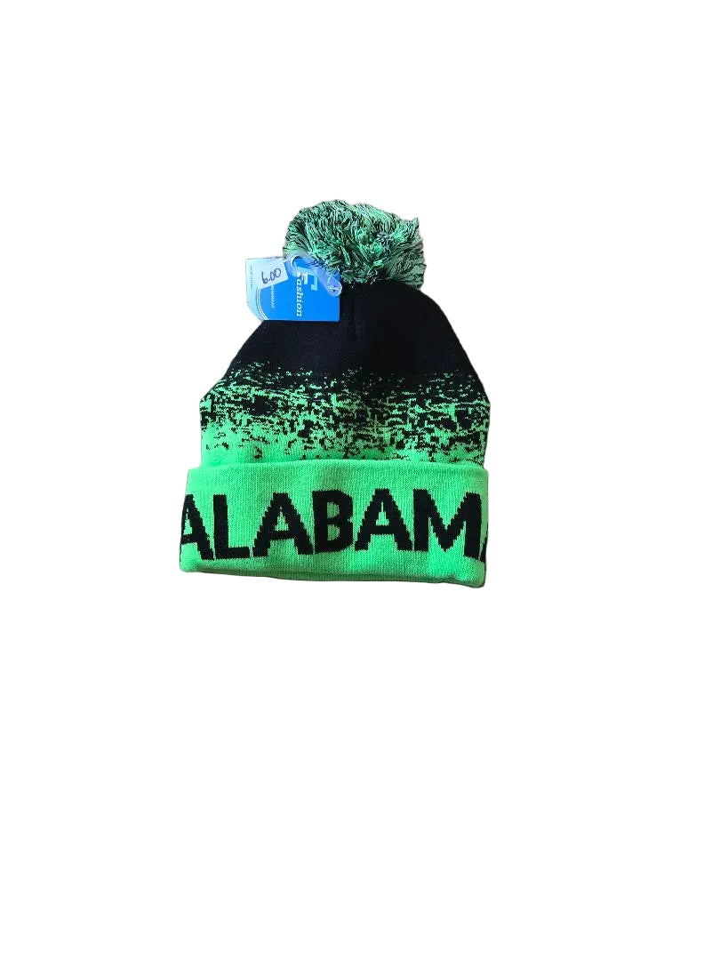 Green and black beanie with 'Alabama' text 

