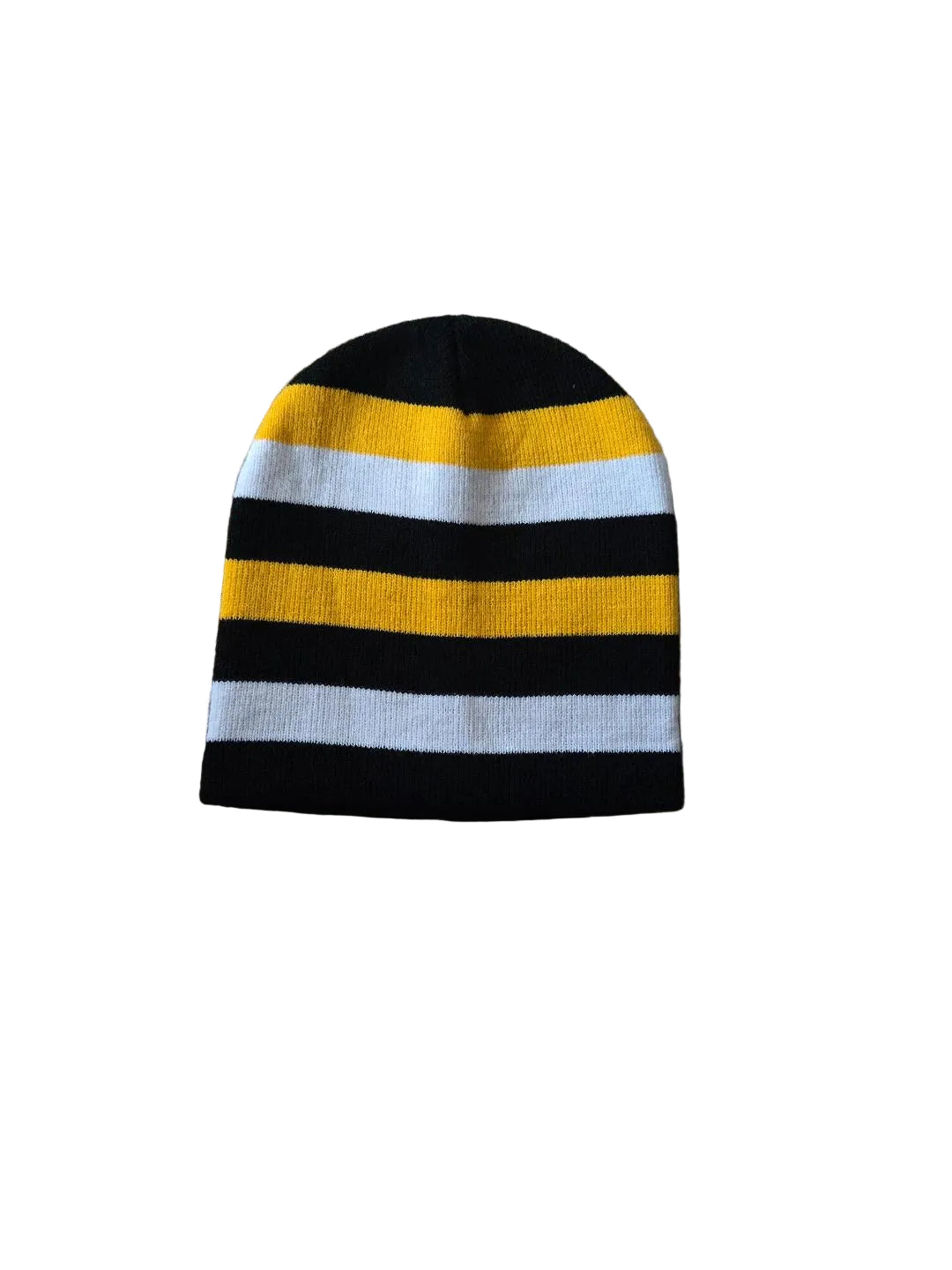 Striped beanie with black, yellow, and white stripes on a brown carpet

