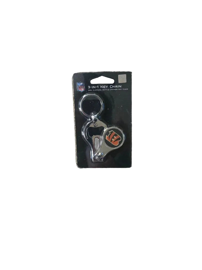 3-in-1 keychain on a black card with NFL logo on a gray carpet background

