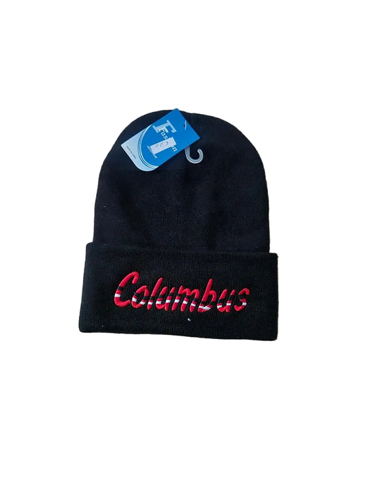 Black beanie with 'Columbus' embroidery on a white background

