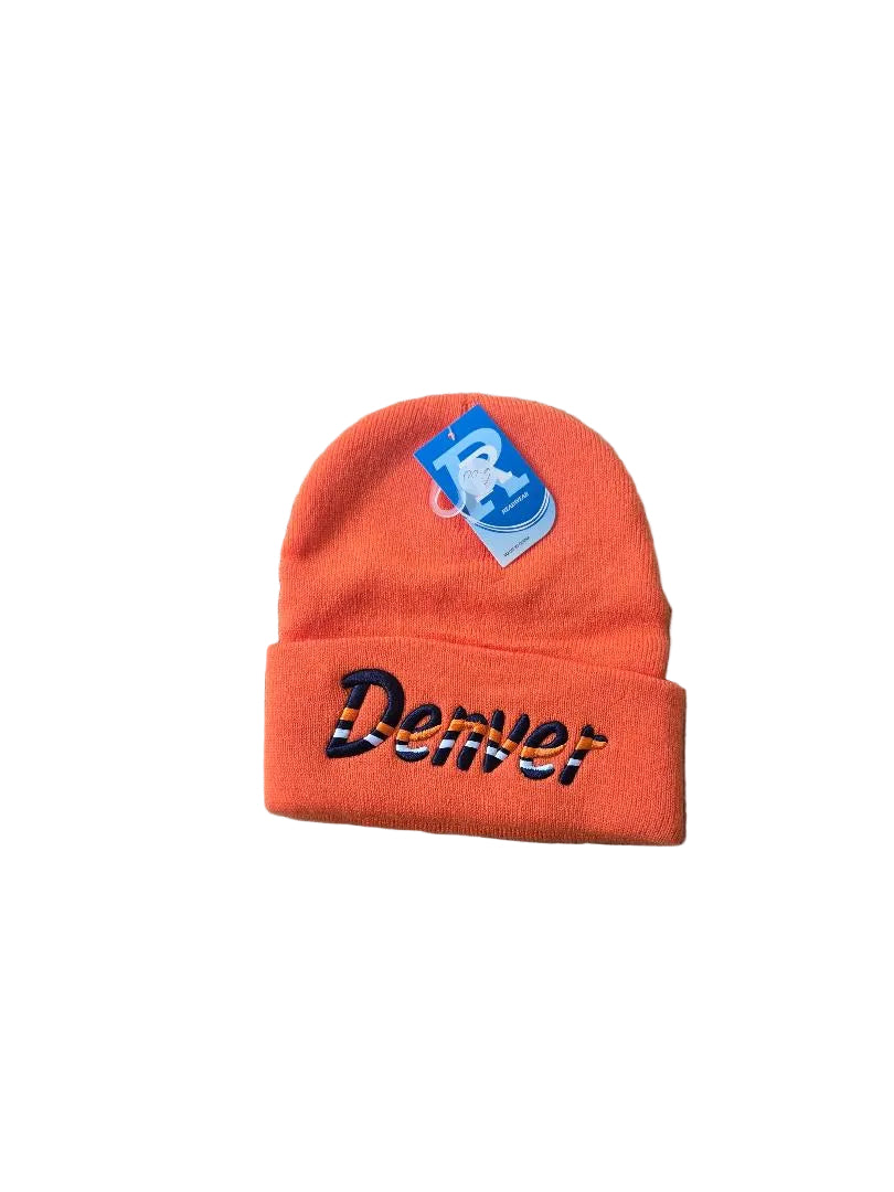 Orange beanie with 'Denver' text and a blue tag on a white background

