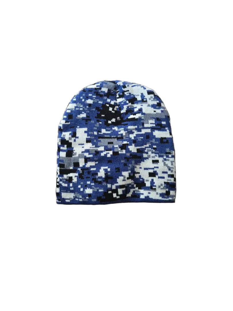 Blue digital camouflage beanie on a brown carpet

