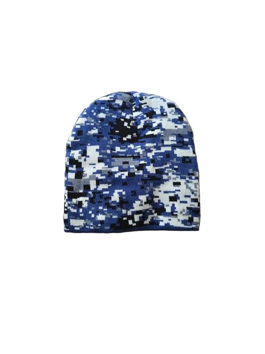 Blue digital camouflage beanie on a brown carpet

