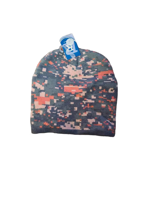 Camouflage-patterned beanie with a brand label on a white background

