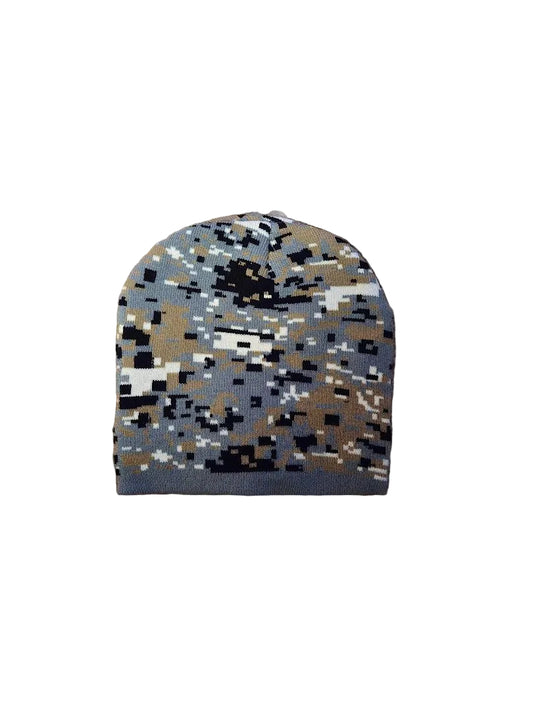 Camouflage-patterned beanie on a white background

