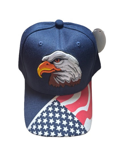 Blue cap with an eagle emblem and American flag design on a white background