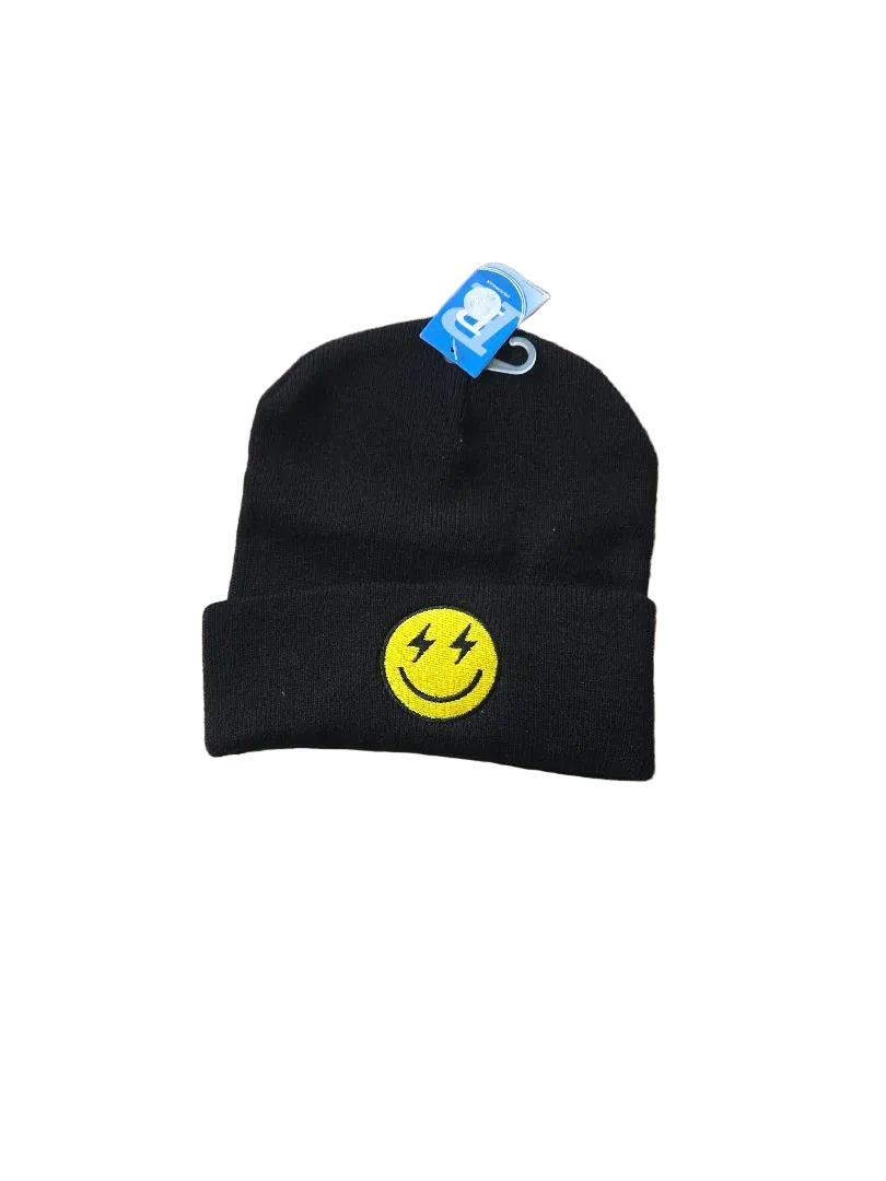 Black beanie with a yellow smiley face design on a white background

