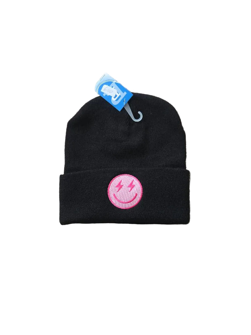 Emoticon Pink Lightning Smiley Black Cuffed Knit Hat