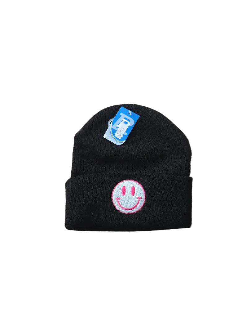 Black beanie with a smiley face emblem on a white background

