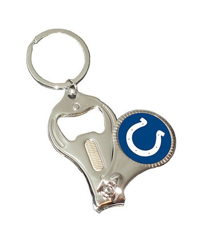 Multifunctional keychain with bottle opener, nail clipper, and small mirror featuring a logo on a white background.

