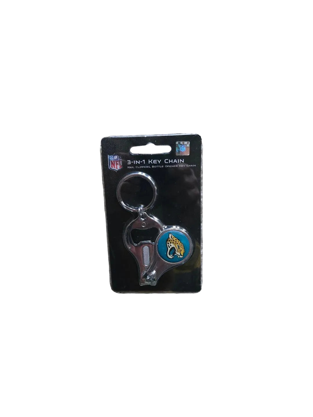 Keychain with a logo on a card, placed on a carpeted floor

