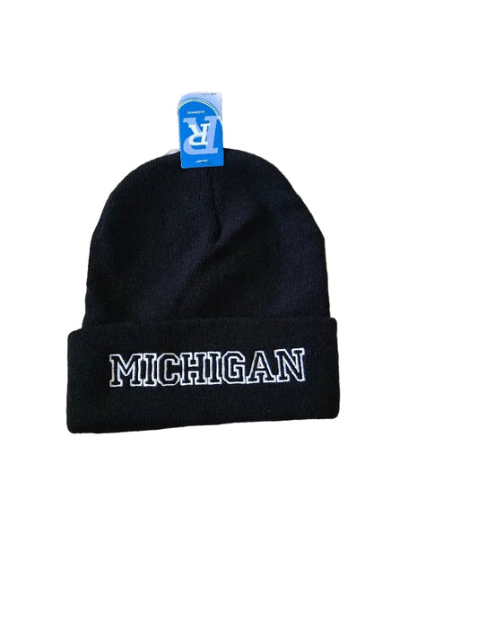 Black beanie with 'Michigan' text 

