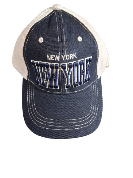 Navy blue cap with 'New York' text on a white background