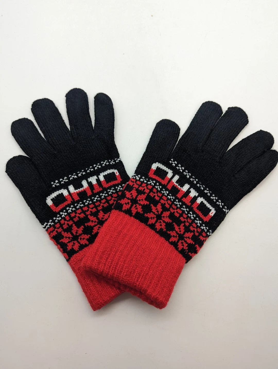Pair of black gloves with red accents and 'OHIO' text on a white background

