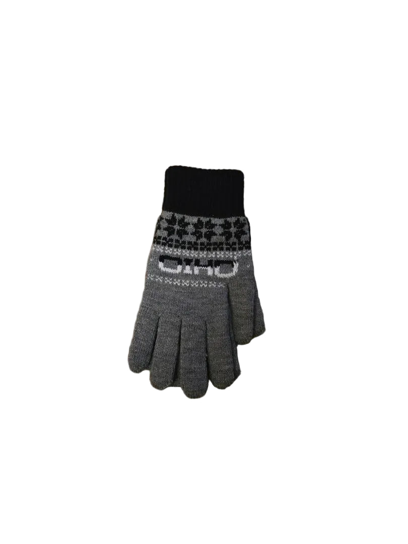 Pair of gray gloves with black cuff on a white background

