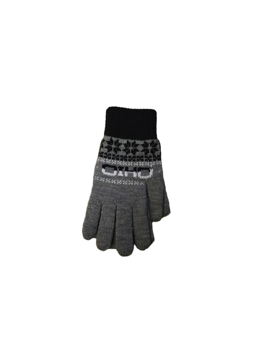 Pair of gray gloves with black cuff on a white background

