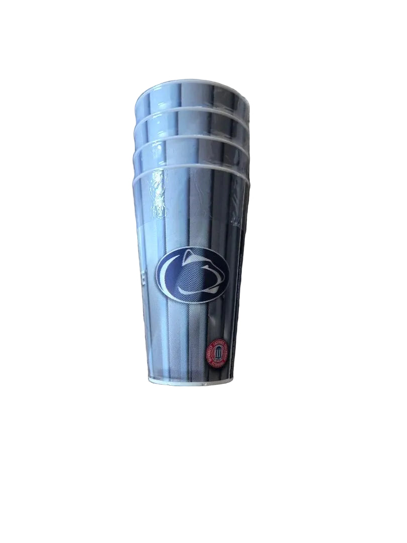 A stack of five clear plastic cups with a silver and blue vertical stripe pattern and the Penn State Nittany Lions logo, placed on a beige carpet.

