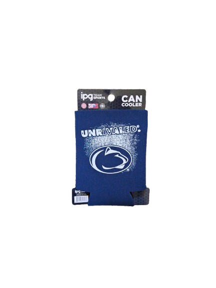 Penn State Blue can cooler with 'Unrivaled' and logo on a white background
