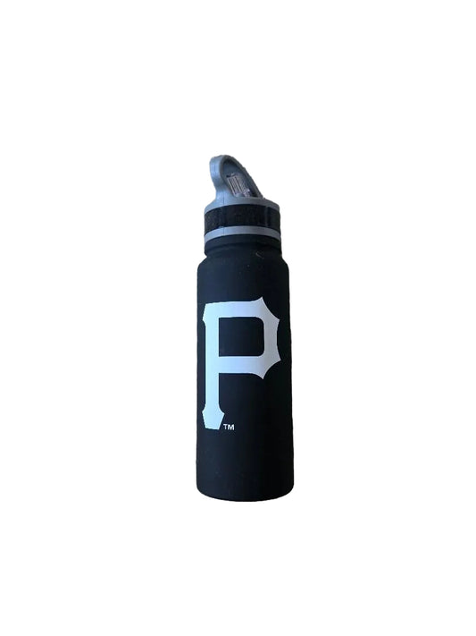 Black water bottle with a white logo on a beige carpet


