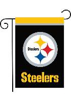 Pittsburgh Steelers flag with logo and text on a black background


