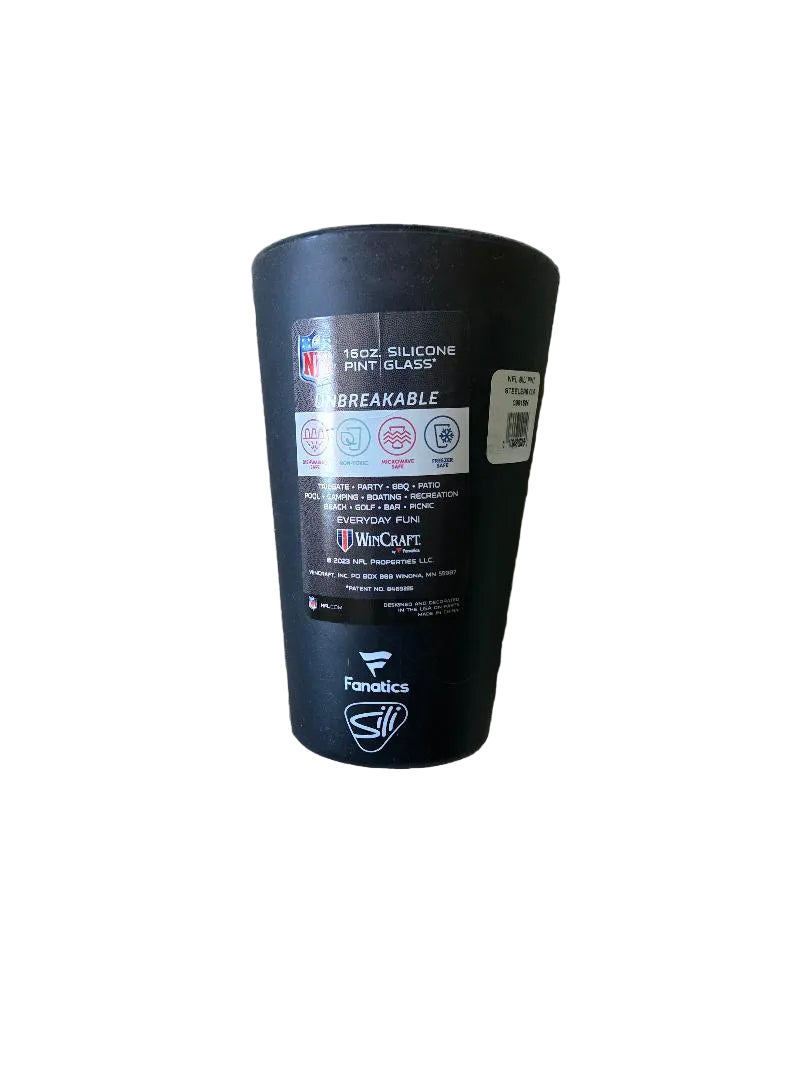 Black tumbler with labels on a white background.
