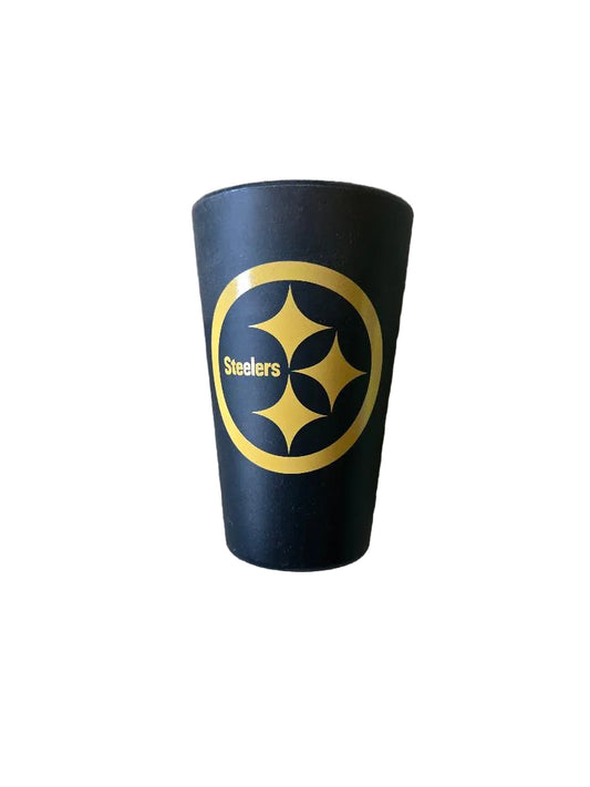 Black tumbler with Steelers logo on a white backgroud.


