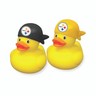 Two yellow rubber ducks wearing team caps on a white background

