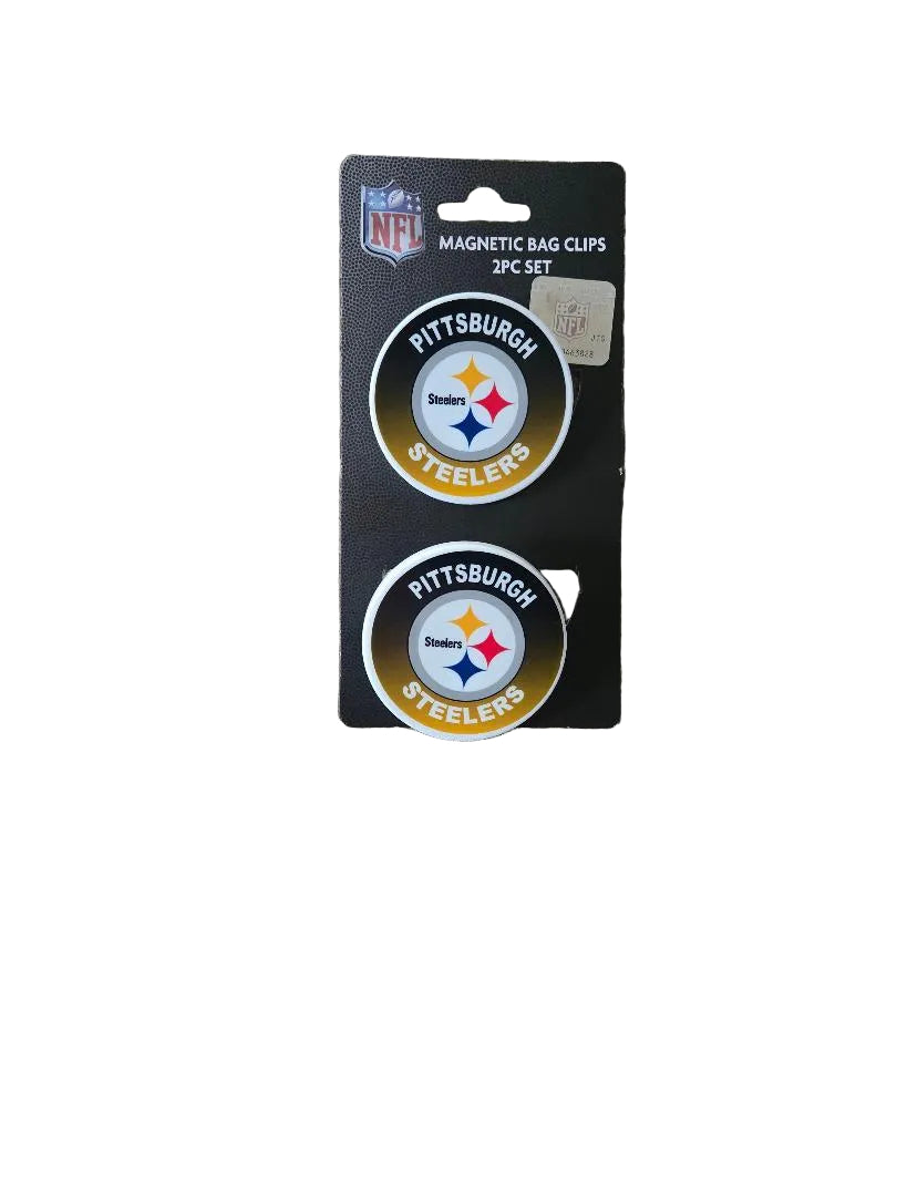 Pittsburgh Steelers magnetic bag clips packaging on a carpeted floor

