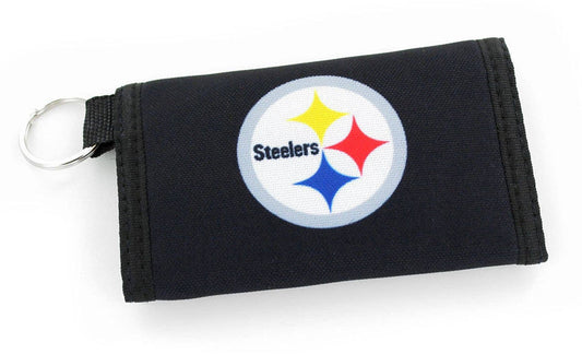 Black wallet with Steelers logo on a white background

