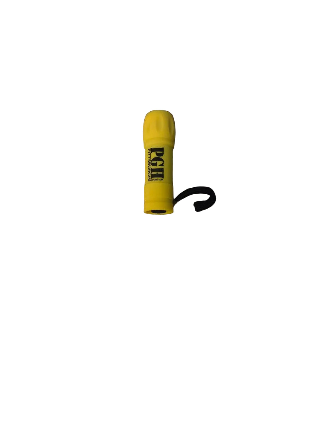 Yellow flashlight with a black strap on a brown carpet

