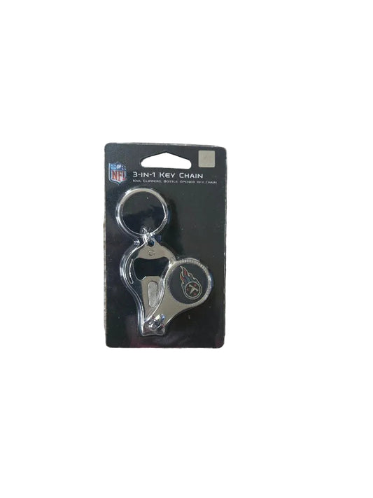 3-in-1 keychain on a clear card with NFL logo on a beige carpet background

