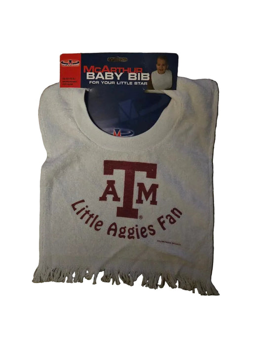 Baby bib with 'Little Aggies Fan' text and Texas A&M logo on a white background

