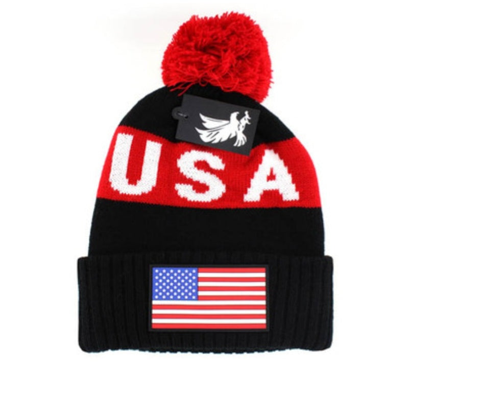 USA Knit Hat Black and Red 