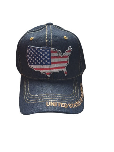 Denim cap with USA map and 'United States of America' text on a white background