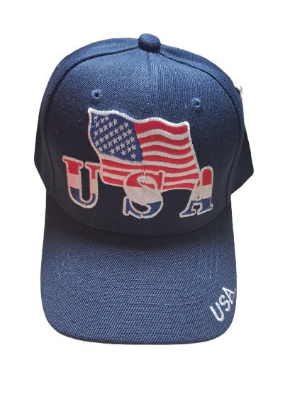 Blue cap with American flag design and 'USA' text