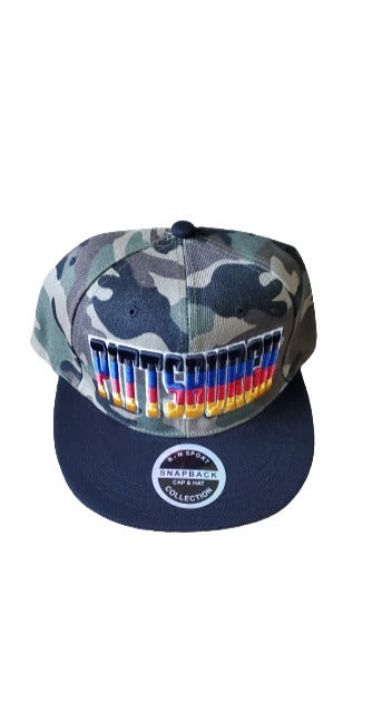 Pittsburgh Fade Letters Snap Back Flat Bill Hat Camouflage image 0