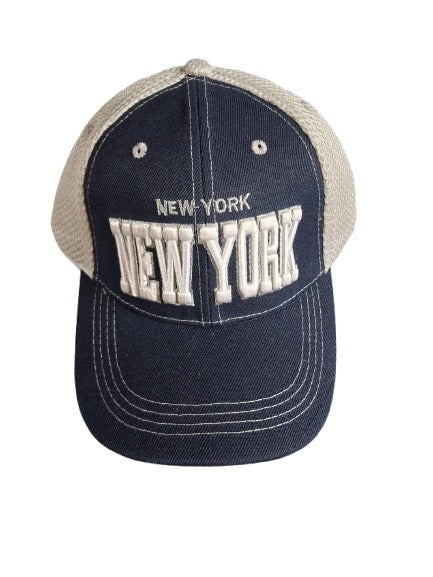 Navy blue cap with beige visor and 'New York' text on a white background