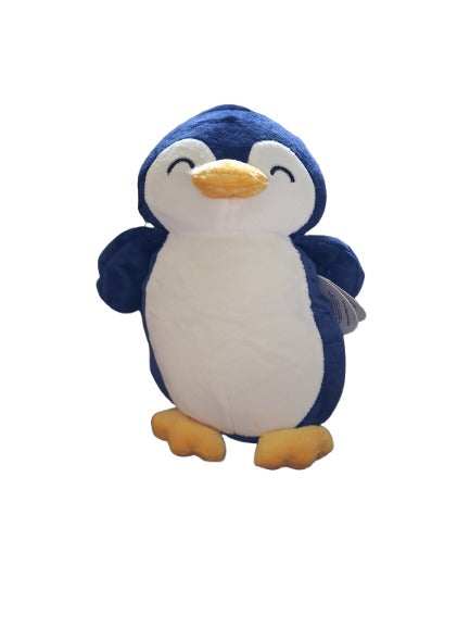 Plush toy penguin with blue body, white belly, and yellow feet and beak. Pablo the Penguin
