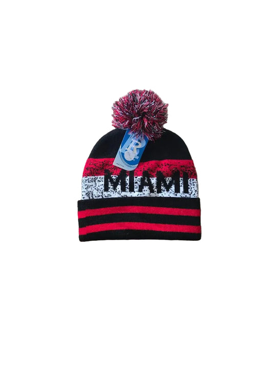 Miami Cuffed Red Black Knit Pom Pom Hat