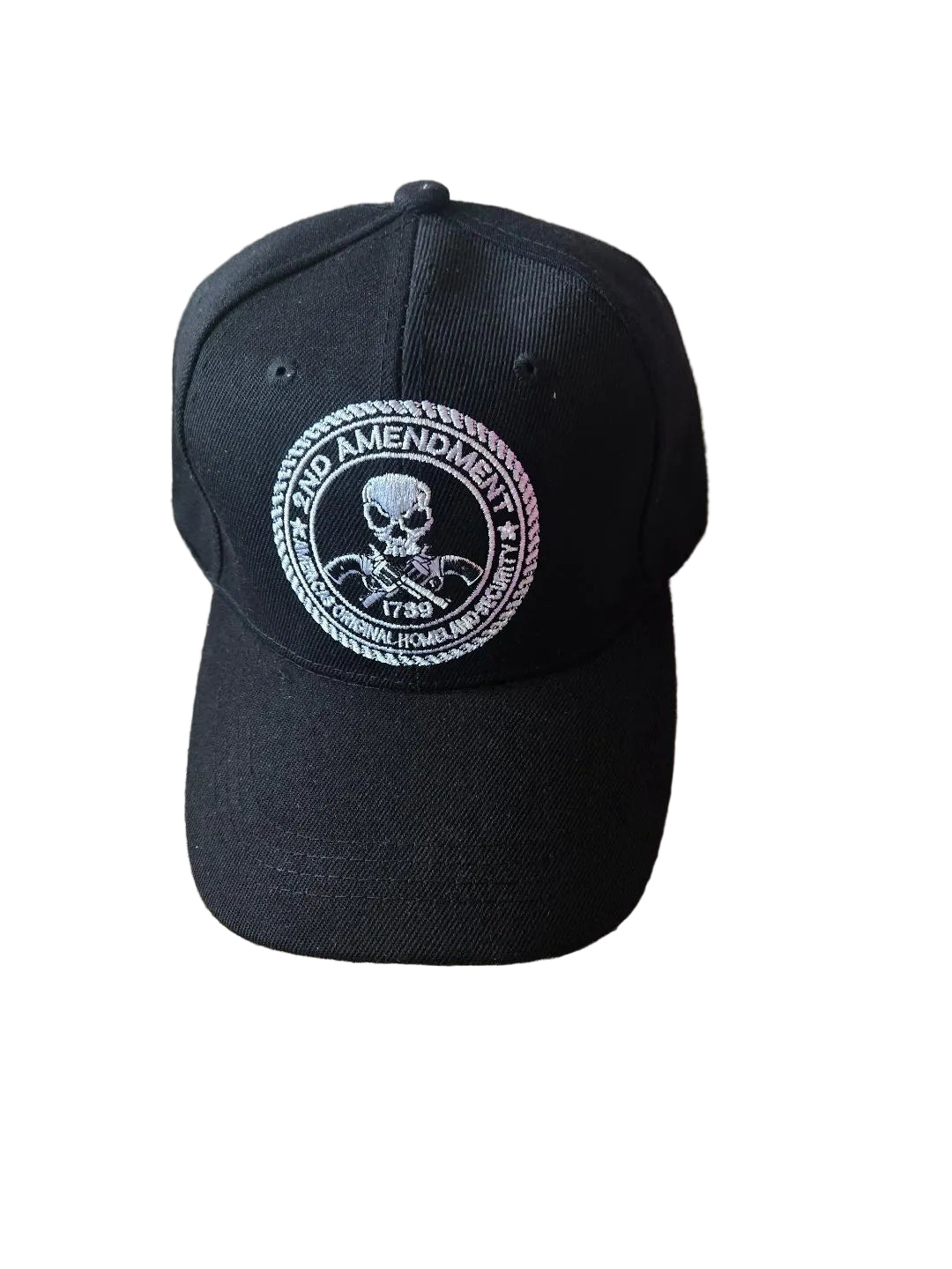 Black cap with a skull and crossbones design 
